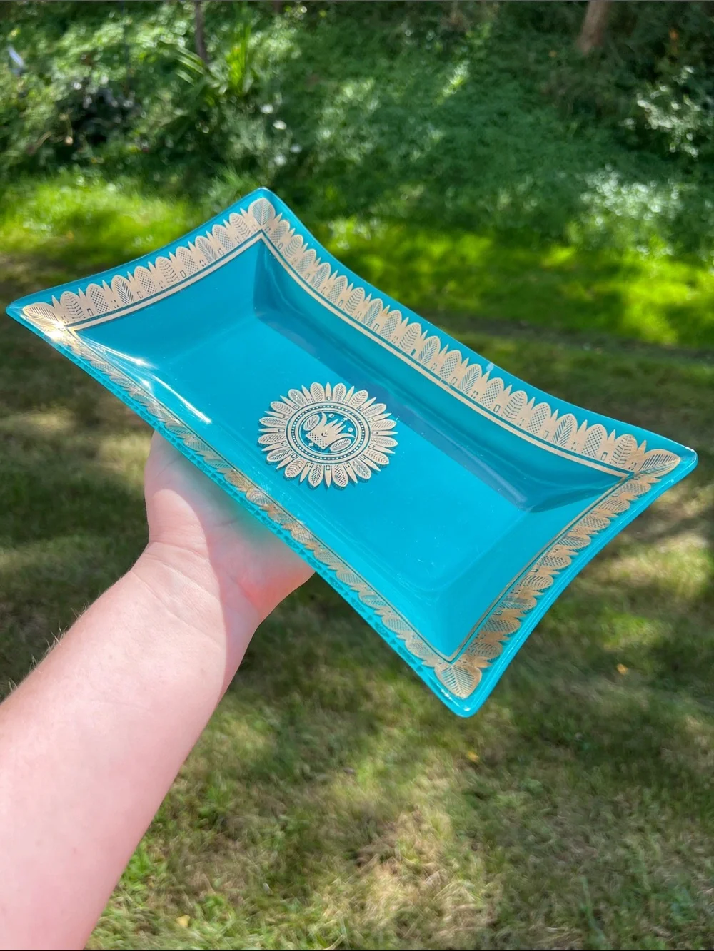 Vintage MCM George Briard Blue Teal Gold Glass Tray Hawaiian Crown Regalia